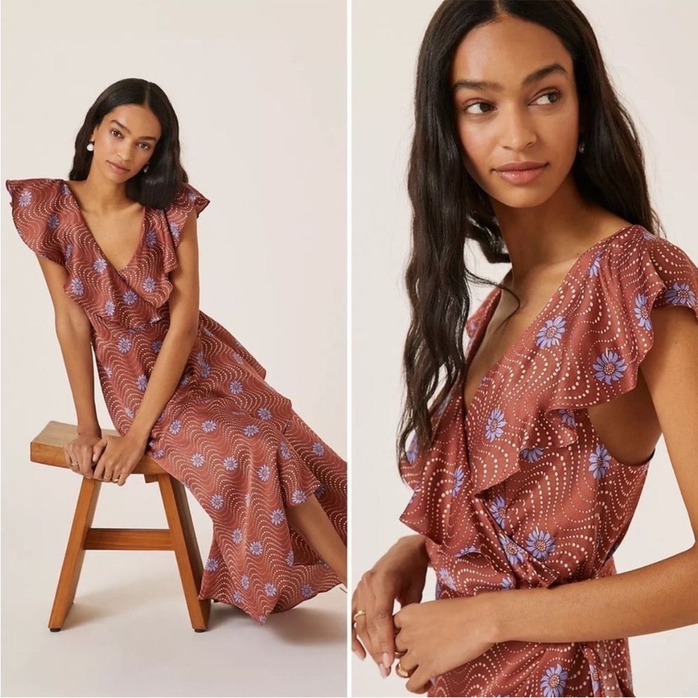 By Anthropolgie Ruffle-Sleeve Printed-Wrap Maxi Dress New Size Medium - Picture 5 of 12